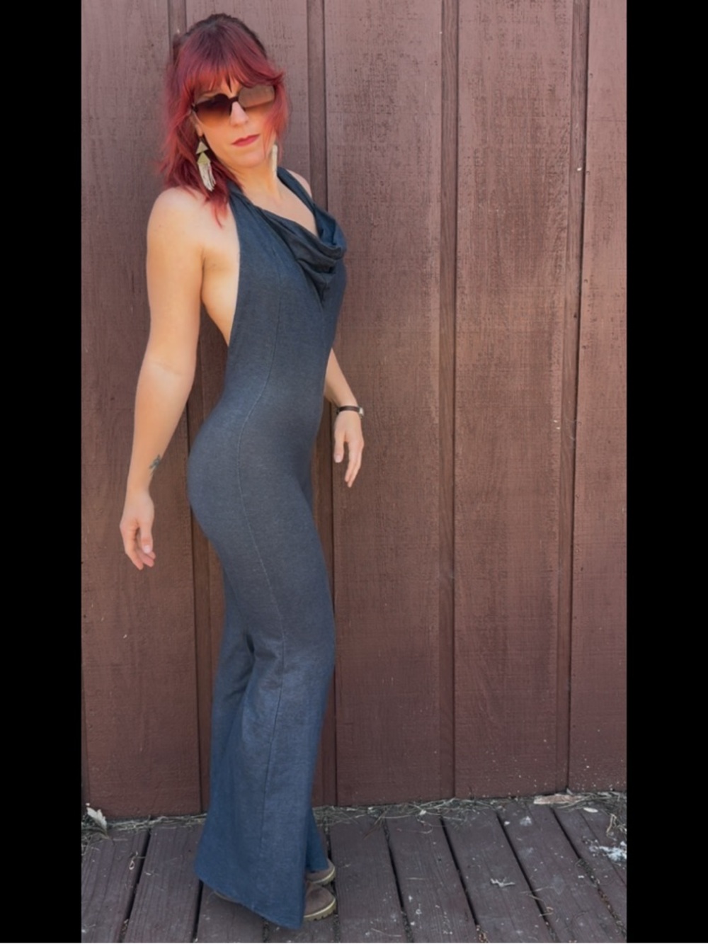 Stretchy Denim Jumpsuit - Backless Halter Wide-Leg - Picture 2 of 8